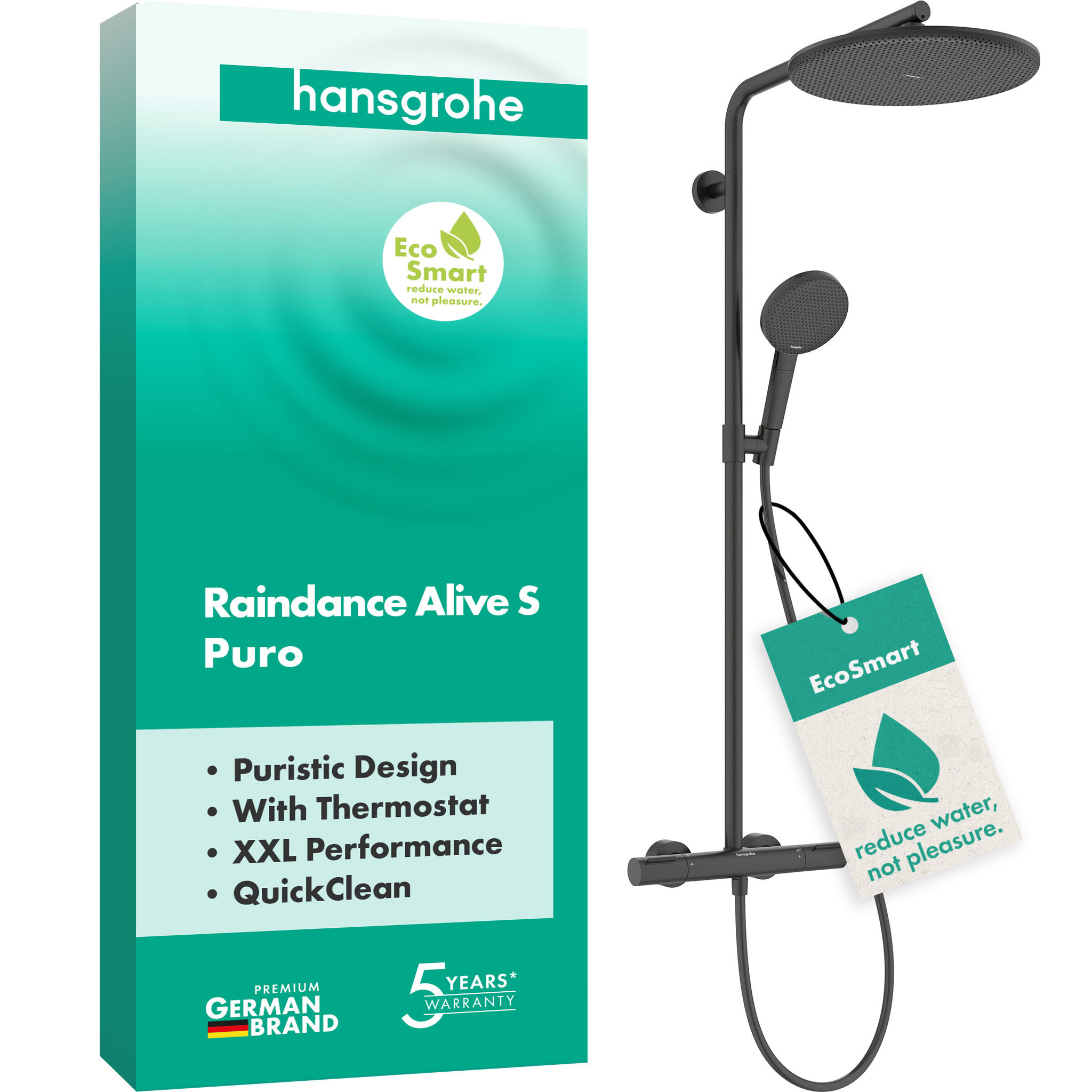 Душевая система hansgrohe Raindance Alive S Puro 300 1jet EcoSmart 24593340, с термостатом Ecostat Element, черный матовый хром - изображение